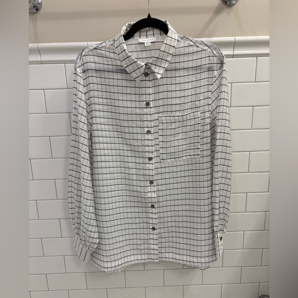 Topshop Black White Windowpane Check Shirt Medium Sheer ButtonUp Collared Blouse